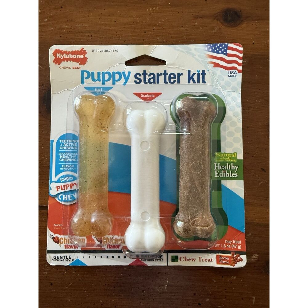 Nylabone N201PSKP Starter Kit Brown White Bacon & Chicken Bone Small for Dogs 3